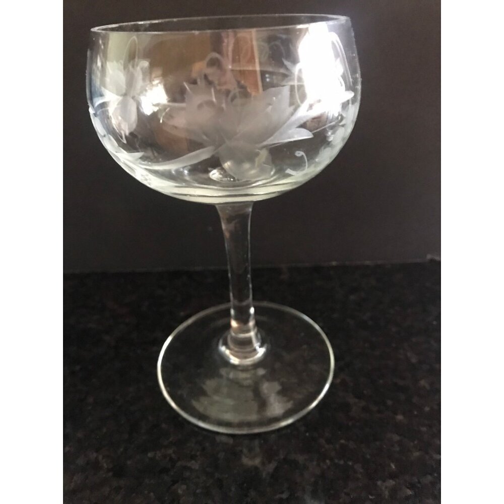 1960's Total Of 17 Available Etched Clear Crystal Mini Champagne Stems Romania